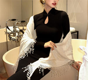 Abito in maglia a mezzo collo alto stile retrò francese da donna autunno inverno maniche svasate lunghe spacco <span class=keywords><strong>al</strong></span> <span class=keywords><strong>ginocchio</strong></span> Cheongsam bottoni indietro - Product Image 4