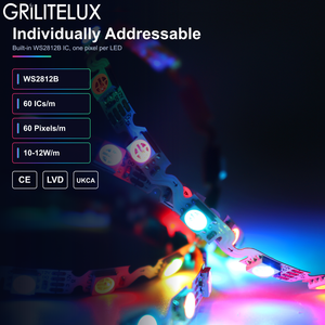 5050 <b>RGB</b> Addressable S Type LED Strip WS2812B DC12V 6mm PCB 60 Pixels/m Programmable Tape for Display Graphics - Product Image 1