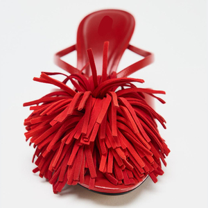 Nuevo verano <span class=keywords><strong>Coral</strong></span> rojo con flecos tacón Delgado punta redonda Sexy sandalias de moda y Sexy zapatos de tacón alto para mujer Zapatillas - Product Image 3