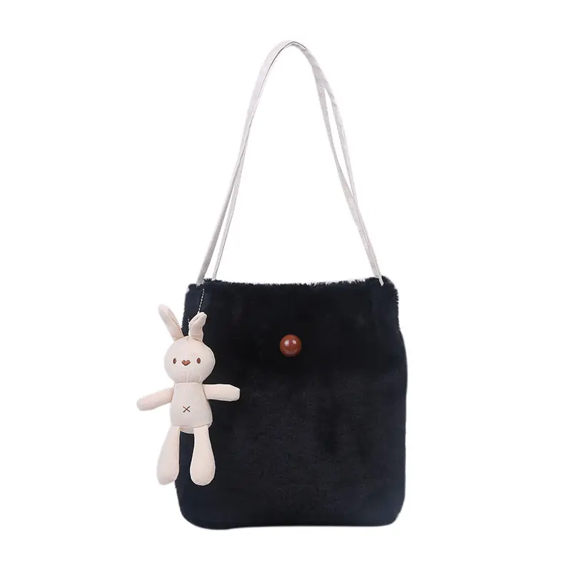 2023 New Spring Black Color Elegant Tote Bags Real Rex Rabbit Fur Bag Ladies Hand Bag With Shoulder Strap