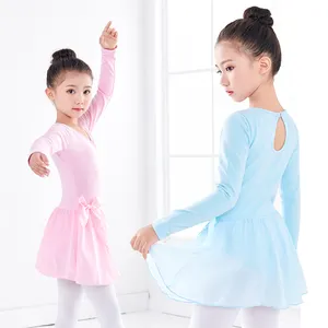 Pakaian latihan anak-anak, lengan panjang katun spandeks Tutu tari balet gaun senam rok Leotard gadis