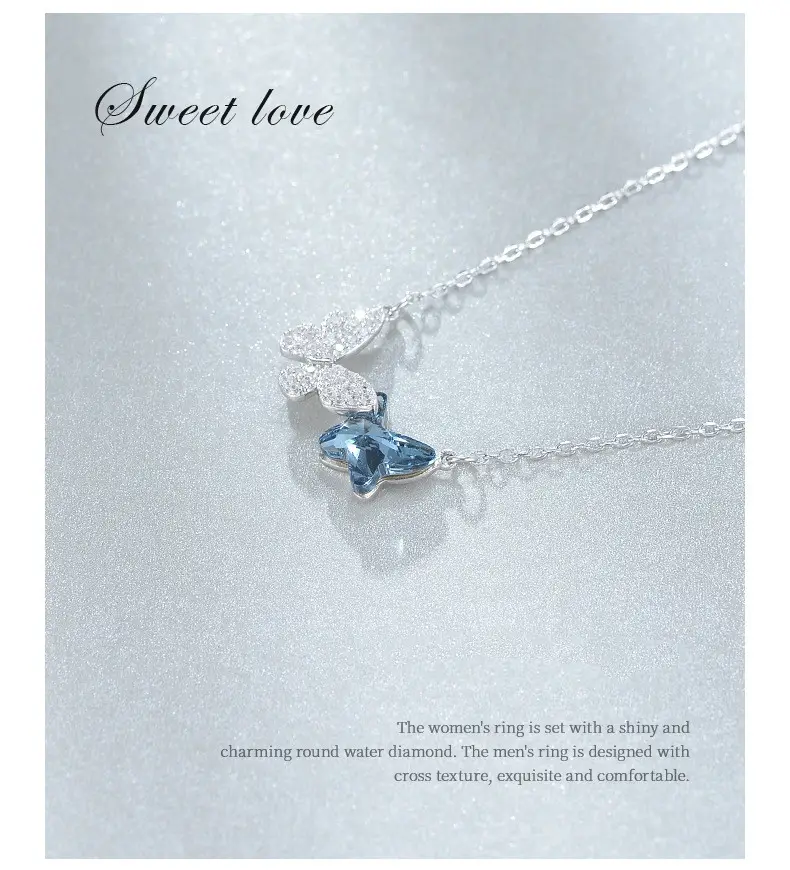 Luxury S925 Sterling Silver Link Chain Double Butterfly Woven CZ Blue Butterfly Charm Necklace