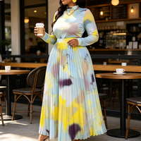 Ensemble deux pièces plissé pour femme, col montant, imprimé tissé, coupe trapèze, style bureau et décontracté, vente en gros