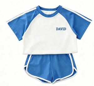 Ensemble de vêtements d'été pour garçons, t-shirt raglan avec imprimé, <span class=keywords><strong>short</strong></span> élastique, ensemble deux pièces, vêtements en coton personnalisés pour enfants - Product Image 4