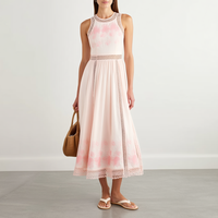 Gaun Midi Elegan Warna Pink dengan Renda, Potongan Pinggang, Bordir Bunga, Model A-Line untuk Wanita, Cocok untuk Pesta Koktail, Pernikahan, dan Acara Lainnya