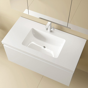 Mueble de Baño Moderno de Pared con Lavabo de Cerámica de una Pieza, Gabinete Blanco con Espejo - Product Image 1