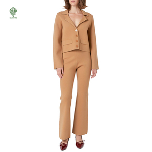 Wholesale Custom Fitted <strong>Blazer</strong> Top and Flare Pants Knitwear Suit for Ladies Two Piece Cord <strong>Jersey</strong> Nylon Knit <strong>Women's</strong> Sweater Set - Product Image 1