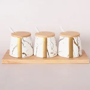Wholesale kitchen marble spice jar 3 piece porcelain seasoning canister set with wooden tray
