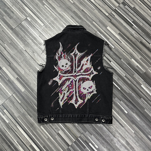 Gilet da Moto in Denim Traspirante <span class=keywords><strong>Nero</strong></span> da <span class=keywords><strong>Uomo</strong></span>, Stile Punk Street Senza Maniche con Risvolto, Lavato, OEM ODM - Product Image 5