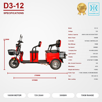 Tricycle cargo électrique à trois roues avec panier arrière, moteur 72V 20Ah 1600W, autonomie 70 km, capacité de charge 313 kg, vente en gros