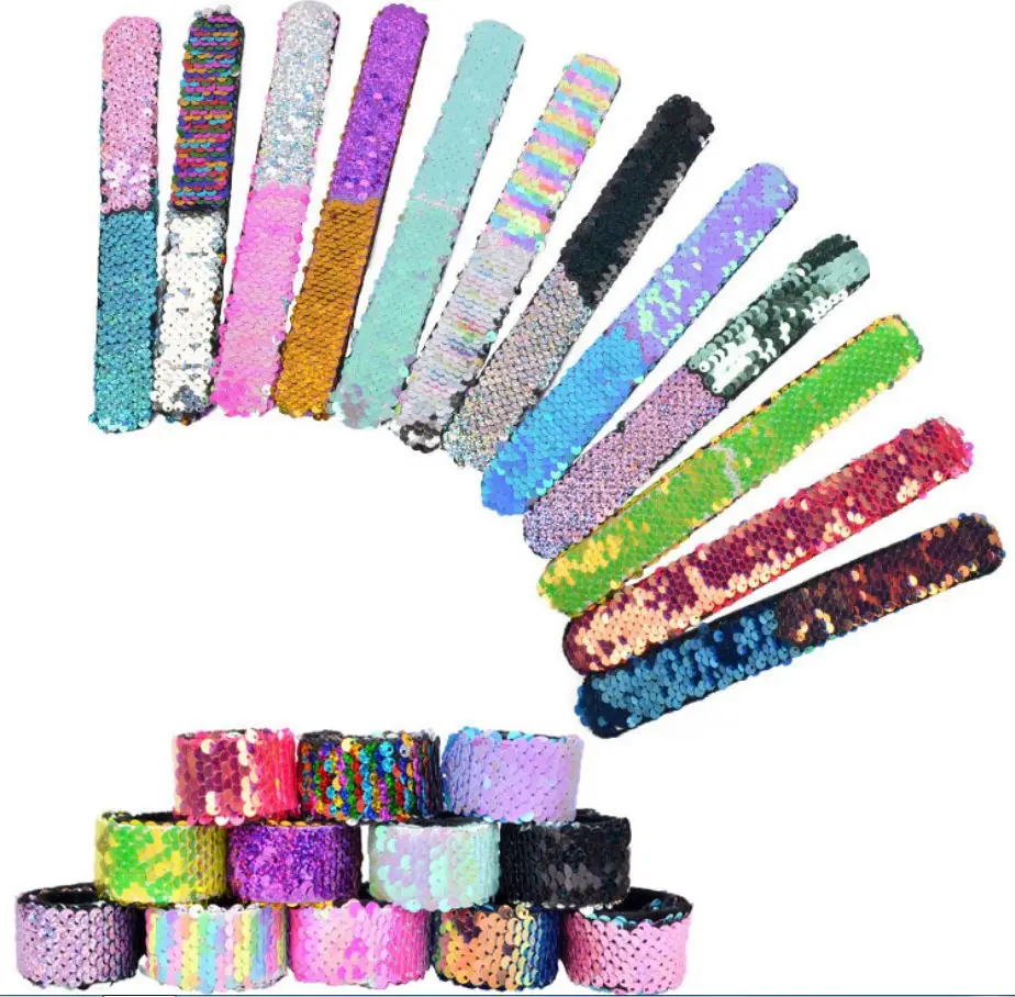 Đảng Ủng Hộ 28 Thiết Kế Bé Nhà Thiết Kế Cô Gái Slap Vòng Tay Mermaid Sequin Dây Đeo Cổ Tay Đôi Màu Sắc Long Lanh Slap Bracelet Trẻ Em