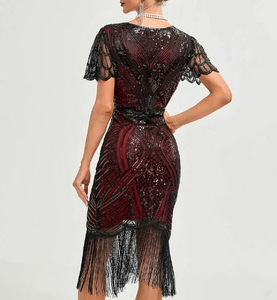Offre Spéciale – Robe Midi Moulante <span class=keywords><strong>Femme</strong></span> Style Années 20, Vintage, Bordeaux Uni, à Paillettes, Franges et Manches en Dentelle, Col en V, Taille Naturelle, Écologique - Product Image 2