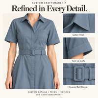 Robe utilitaire sur mesure pour femme avec ceinture, boucle dissimulée, patte de boutonnage cachée, poche poitrine, en sergé de coton, longueur midi, style workwear, marque privée
