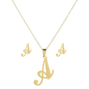 Fashion Generous 26 Letters Gold Stainless Steel Jewelry Set Initials Women's Earrings Necklace Jewelry