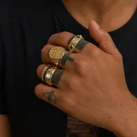 Grüner Legierungs-Crest-Ring-Set für Herren, Gold/Silberfarben, gravierte Bänder, Punk-Eheringe, Hip-Hop-Geschenk