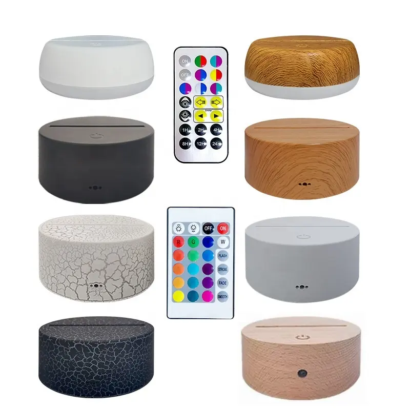 Round 3D Visual Illusion Lamp Base Creative LED Night Light Table Lamp RGB Remote Black White Wood Effect ABS Wooden Lamp Base