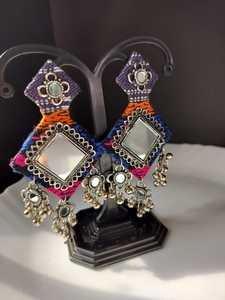 OEM hecho a medida largo tradicional tela pendientes estilo moderno Navratri étnico espejo trabajo espejo colgante para tradicional - Product Image 5