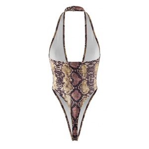 Viviblook J26BS204 Women Summer <b>Bodysuit</b> New Sexy Sleeveless Snake Print Deep <b>V</b>-<b>Neck</b> Printed Halter Backless <b>Bodysuit</b> - Product Image 2