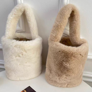 Luxury All Seasons Classic Plush Bucket Crossbody Bag Women Soft Fluffy <b>Rabbit</b> Ear Cylinder Zipper Closure Casual Warm Chains - Product Image 4