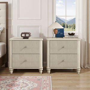 Fluted Nightstand 2-Piece Set 21.65 In Wide <b>Side</b> Table With 3 <b>Drawers</b> Mid Century Modern Wood Nightstand - Product Image 1