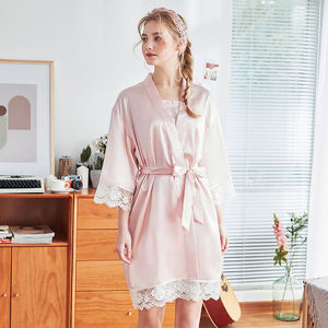 <span class=keywords><strong>Pigiama</strong></span> di seta di ghiaccio femminile personalizzato camicia da notte casual estiva in tinta unita <span class=keywords><strong>con</strong></span> <span class=keywords><strong>polsini</strong></span> in pizzo e <span class=keywords><strong>pigiama</strong></span> di seta <span class=keywords><strong>con</strong></span> cintura a farfalla - Product Image 5