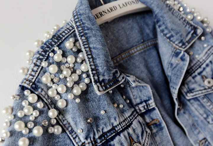 Women's Jean Jacket Embroidered Rivet Pearl Short Denim Jacket Coat