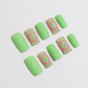 Faux ongles carrés mats vert <span class=keywords><strong>lime</strong></span> en acrylique de haute qualité, à coller, souples, longs, avec décorations 3D fleurs et strass, réutilisables, <span class=keywords><strong>24</strong></span> pièces/ensemble - Product Image 2