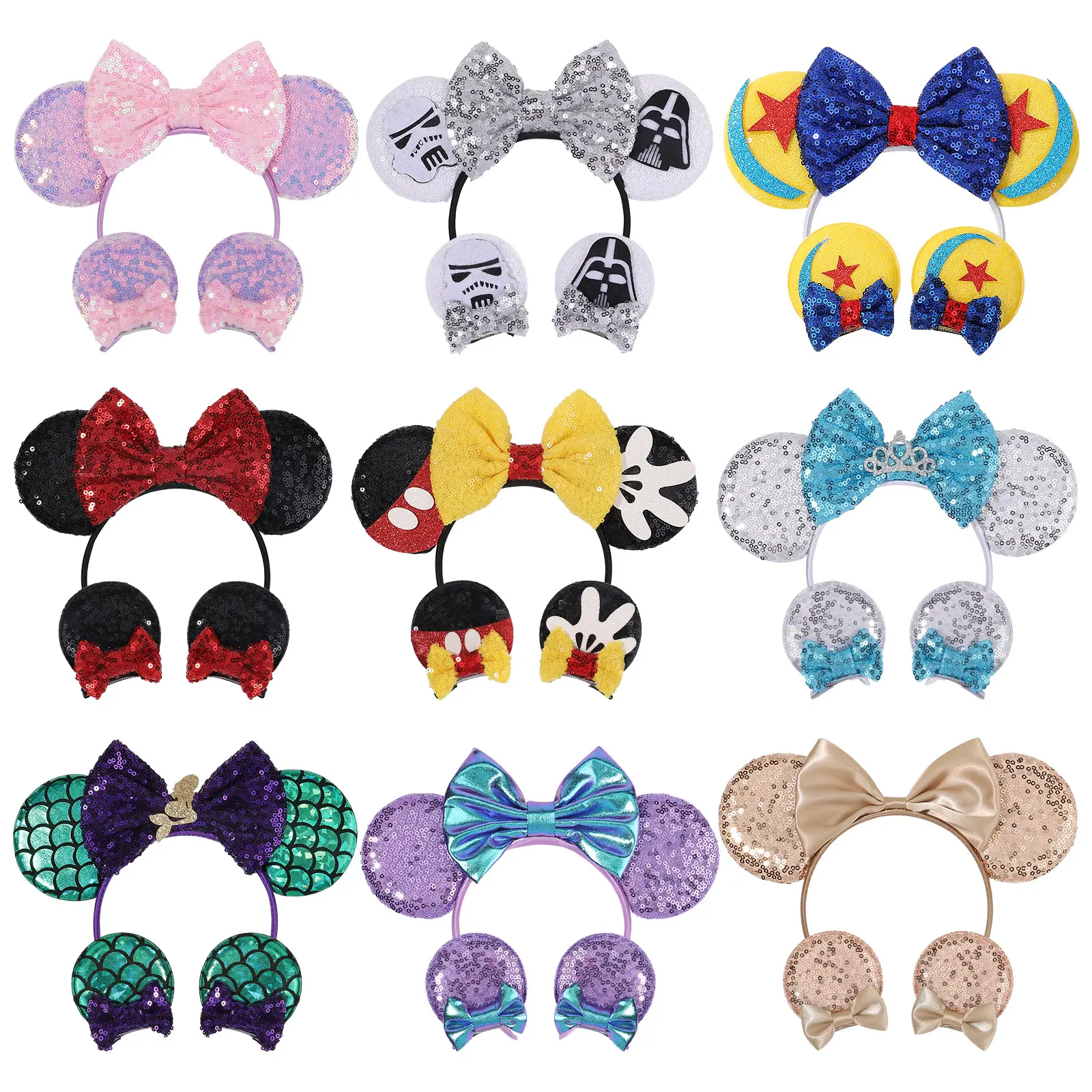 Vendita calda Cartoon Bling paillettes orecchie da topo accessori per capelli fermagli per capelli fascia per capelli Set fasce elastiche con fiocco grande per bambini