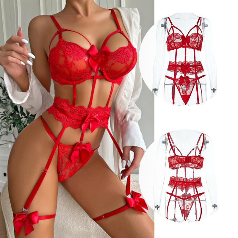 Sexy Lace Red Bowknot Hollow Out Women's Lingerie Set - Fashionable Devil Woman Bra and Thong for Elegant Appeal Sexy Lace Red Bowknot Hollow Out Women's Lingerie Set - Fashionable Devil Woman Bra and Thong for Elegant Appeal