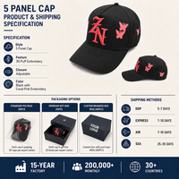 Casquette de baseball noire personnalisée 5 panneaux avec broderie 3D en relief papillon, visière incurvée, réglable, style streetwear, vente en gros, OEM, faible MOQ