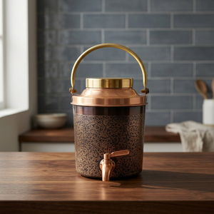 Premium Antique <b>Copper</b> Water Dispenser Tank 5LVintage Damask Etched Ayurvedic Matka Camper with Brass Carry <b>Handle</b> Leakproof Tap - Product Image 1