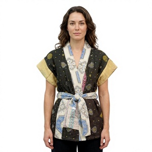 Chaqueta Kimono de Invierno de Algodón Tejido Acolchado con Estampado de Patchwork, Cuello en V, Manga Corta, Cinturón, Reversible, Tela No Tejida Transpirable - Product Image 1