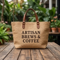 Sac fourre-tout en jute tissé sur mesure avec poignées en cuir, logo OEM, sac de plage et de shopping fait main pour cadeau de marque de café