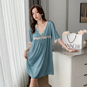 2022 nighty designs Summer v-neck sexy nightgown Ladies silk short sleeve nightdress elegant lace pajamas Loose home dresses