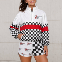 Ensemble de survêtement 2 pièces personnalisé pour femme, color block, motif damier, sweat-shirt demi-zip et short, avec logo d'équipe universitaire imprimé, ensemble assorti
