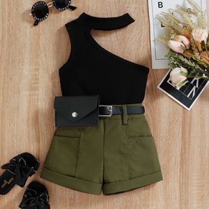 6个月-4岁女婴夏季儿童上衣 + 短裤服装精品实心罗纹针织单肩腰部套装 - Product Image 2