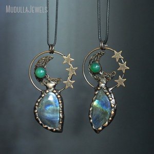 NM48695 joyería soldada piedra preciosa Natural <span class=keywords><strong>verde</strong></span> Aventurina <span class=keywords><strong>Luna</strong></span> y estrella collar de cuerda de cuero antiguo bronce plateado Boho regalo - Product Image 3