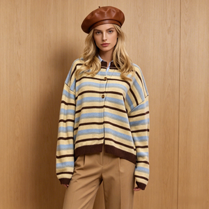 Cardigan da <span class=keywords><strong>Donna</strong></span> a Righe Beige Blu <span class=keywords><strong>Marrone</strong></span> in <span class=keywords><strong>Maglia</strong></span> Intrecciata, Collo Tondo, Bottoni, Maniche Lunghe, Stile Vintage Casual per Autunno Inverno - Product Image 4