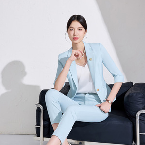 Women's Light Blue Suit Set Three Quarter Sleeve Breathable Polyester Spring Casual Wear - Product Image 2