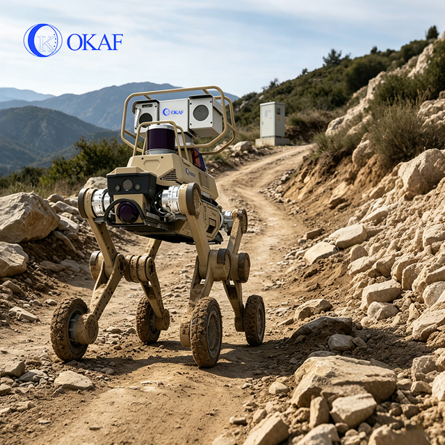 OKAF All Terrain  Autonomous Navigation Wheeled Robot Dog with Dual Spectrum Thermal PTZ Camera for 7/24 Security Inspection