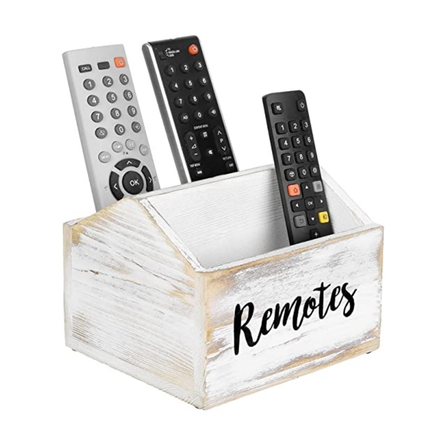 Whitewashed Wood Remote Control Holder for Table with 3 Compartments and Black REMOTES Lettering Design, TV Remote Media Storage