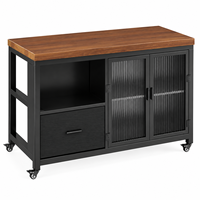 Meuble de station à café avec rangement, îlot de cuisine mobile en acier, étagère pour appareils, tiroir, plateau en grain de bois et roulettes verrouillables