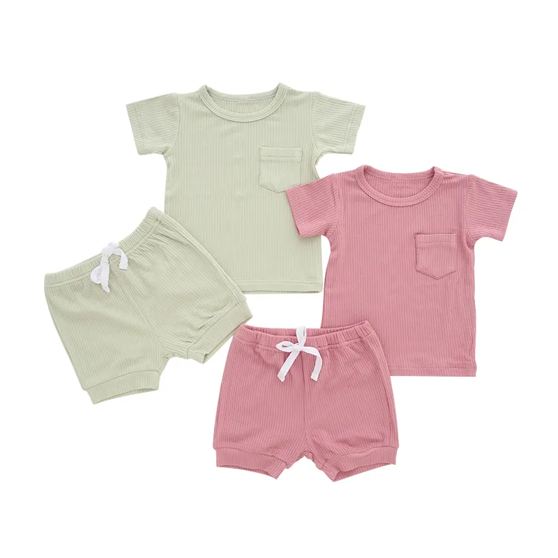 Ribbed Bamboo Unisex Skin Friendly Short Sleeves Tops Shorts Baby & Kids Summer Outfits 2 Pieces Clothing Set