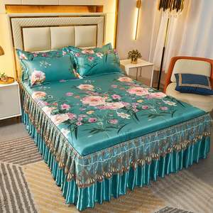 Strawberry Princess Style Luxury Ice Silk Bed Skirt Pillow Case <b>Super</b> King Size Lace Bedspread <b>Soft</b> Cool Bed Sheet R1865 - Product Image 2