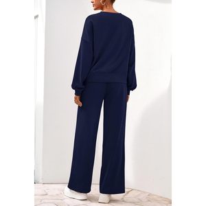 Ensemble 2 pièces pour femme : Sweat-shirt à col rond et pantalon de survêtement large, tenue décontractée respirante à manches longues - Product Image 5