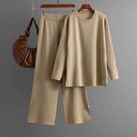 Automne hiver nouveau pull en tricot ample costume grande taille couleur unie bouton décontracté deux pièces ensemble pour dames
