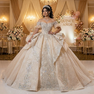 Vestido de Novia de Lujo con Cuentas de Cristal y Mangas Abullonadas, Modelo Mct029, con Cola Catedral, Jancember - Product Image 1