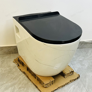 Vente en gros de toilettes suspendues au mur de couleur dorée Articles sanitaires Salle de bain Design moderne Wc P-trap <span class=keywords><strong>Toilette</strong></span> avec housse de siège noire - Product Image 4