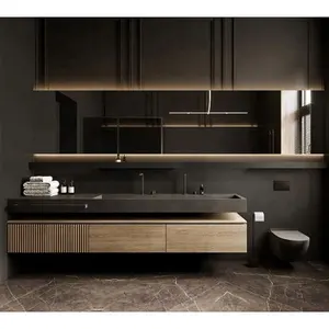 2024 estilo al por mayor doble individual moderno panel de madera flotante baño tocadores gabinete conjunto con lavabo de espejo