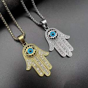 Commercio all'ingrosso Hip Hop in acciaio inox blu occhio collana pendente Fatima <span class=keywords><strong>Hamsa</strong></span> mano portafortuna ciondolo con collana a catena (BN147) - Product Image 2
